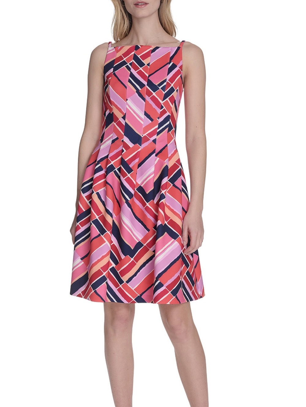 Vince Camuto Geo-Print Sleeveless A-Line Dress in Pink & Navy